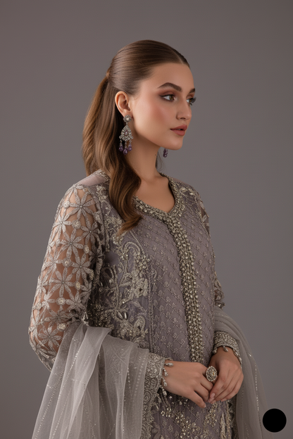 Pakistani women's grey organza straight shirt detail view