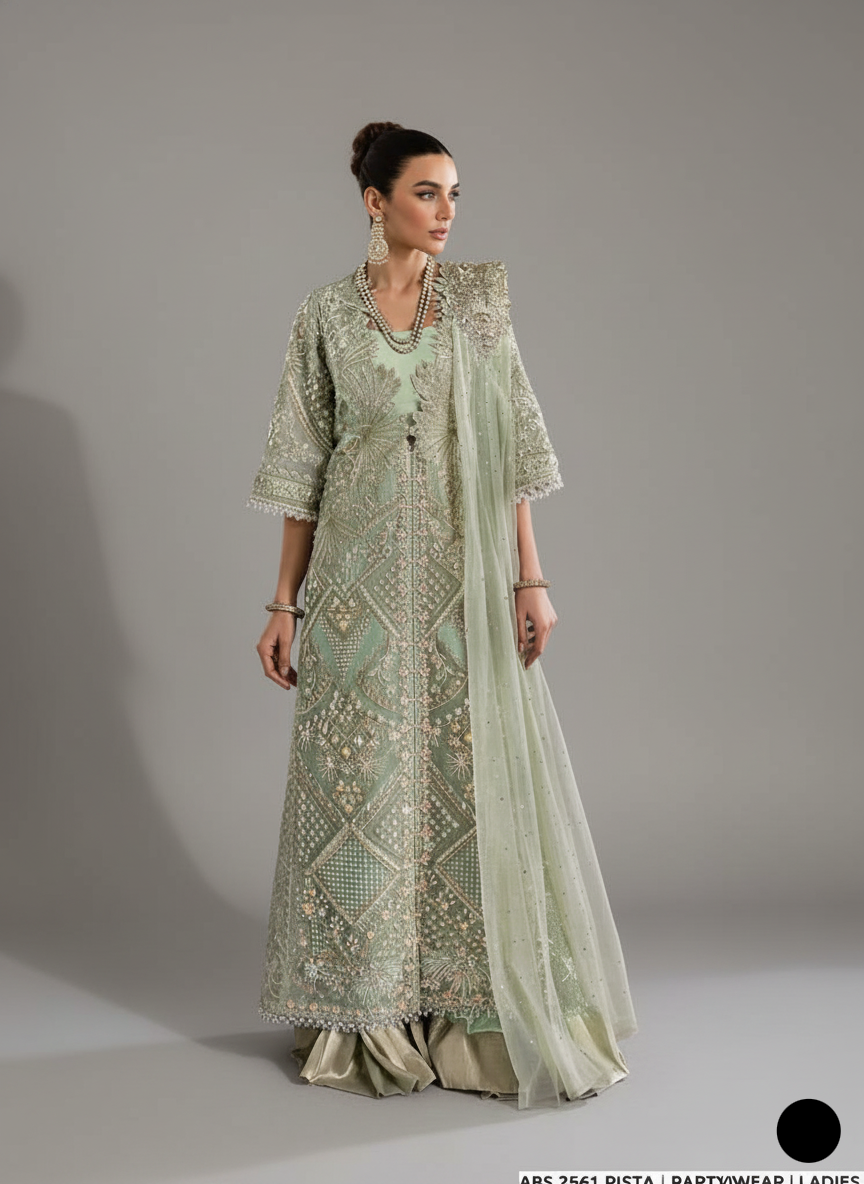Organza straight shirt pista green - Pakistani women's elegant formal wear with viscose trouser and organza dupatta front view