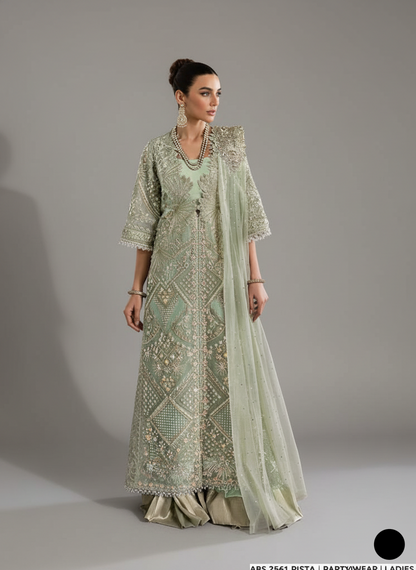 Organza straight shirt pista green - Pakistani women's elegant formal wear with viscose trouser and organza dupatta front view