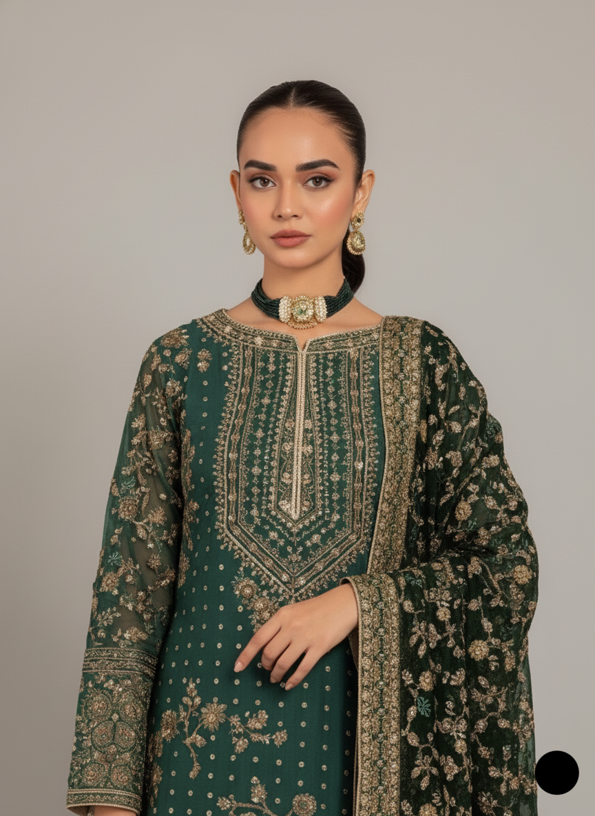 ABL 3966 chiffon Pakistani women's shirt with jamawar gharara side view