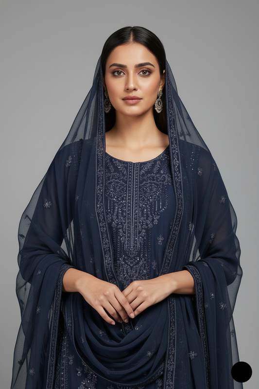 Navy blue silk Pakistani women's straight shirt side view