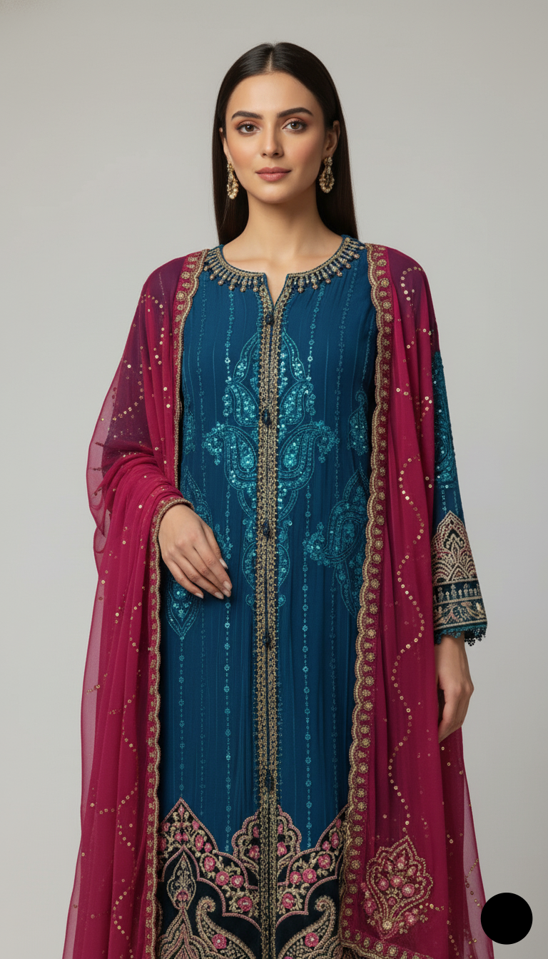 Teal green organza Pakistani women's A-Line shirt side view