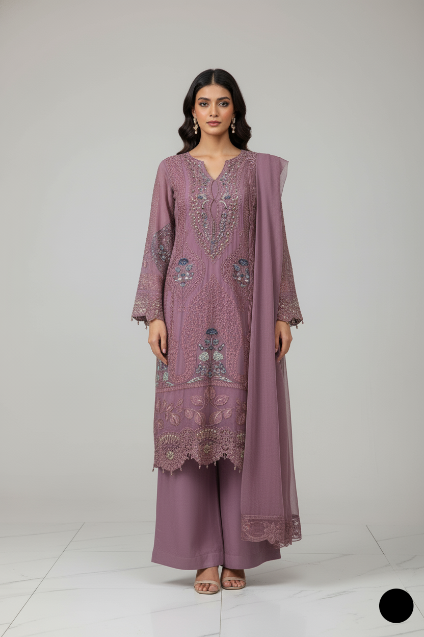 Chiffon straight shirt plazo lilac - Pakistani women's party wear with viscose plazo and chiffon dupatta front view