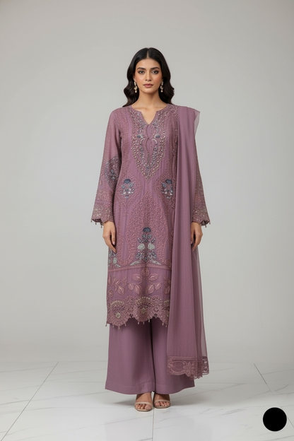 Chiffon straight shirt plazo lilac - Pakistani women's party wear with viscose plazo and chiffon dupatta front view