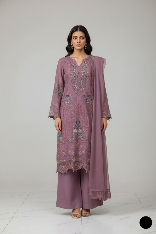 Chiffon straight shirt plazo lilac - Pakistani women's party wear with viscose plazo and chiffon dupatta front view