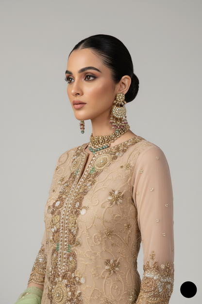KB P221 Pakistani women's embroidered outfit with organza dupatta detail view