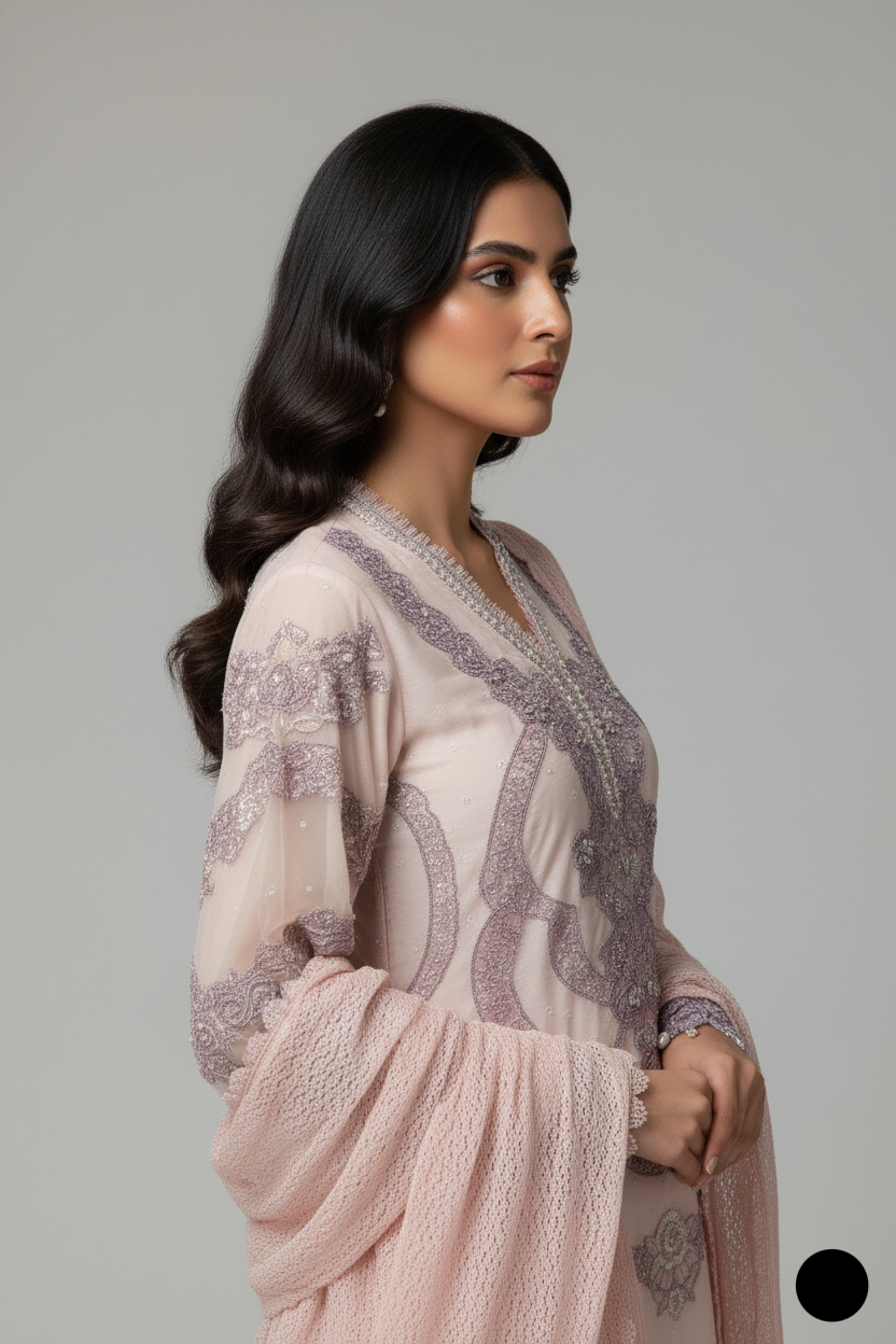 Pakistani women's pink organza A-Line shirt detail view