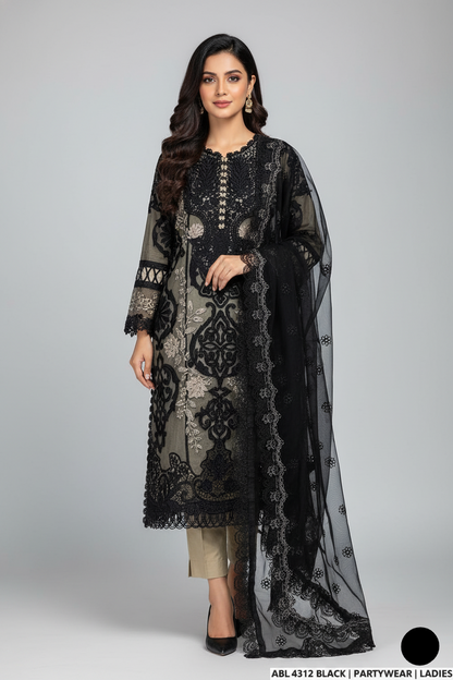 Organza A-Line shirt black - Pakistani women's elegant formal wear with viscose trouser and organza dupatta front view