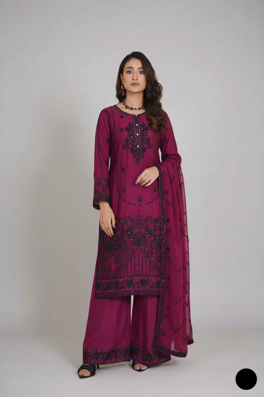 Silk straight shirt plum - Pakistani women's formal party wear with silk trouser and chiffon dupatta front view