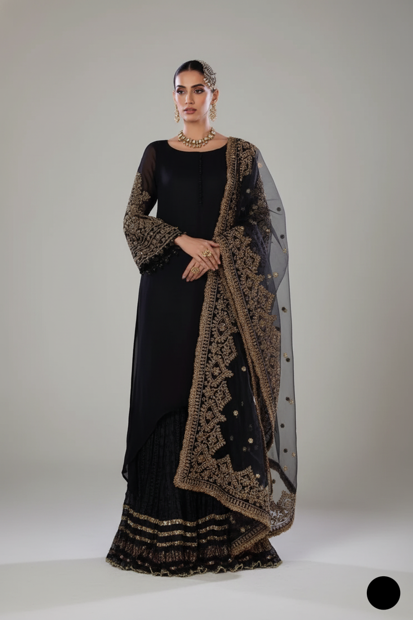 Chiffon knock style shirt sharara KB P255 - Pakistani women's luxury party wear with net dupatta front view