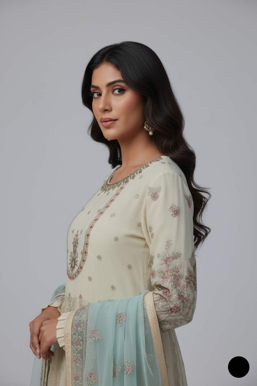 ABL 3807 Pakistani women's organza frock detail view