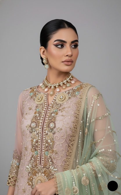 KB P221 Pakistani women's resham mesuri outfit with banarsi jamawar trouser detail view