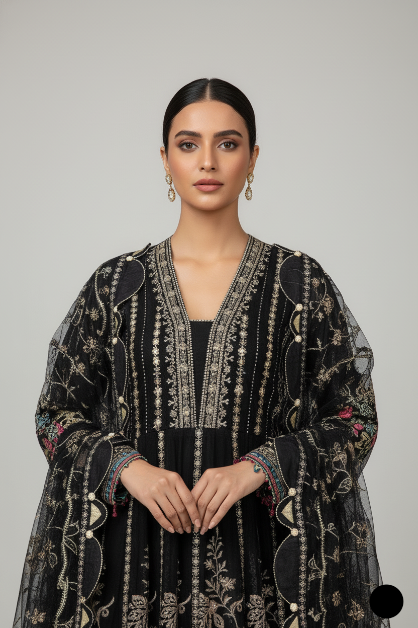 ABL 4121 BLK Khaadi Net long frock Pakistani women's party wear side view