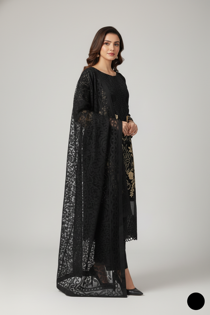 Pakistani women's black chiffon straight shirt plazo detail view