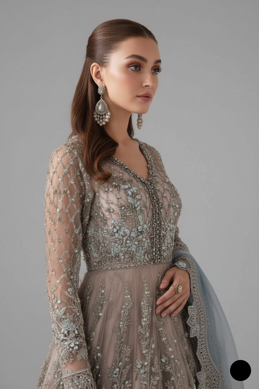 Pakistani women's grey organza A-Line shirt detail view