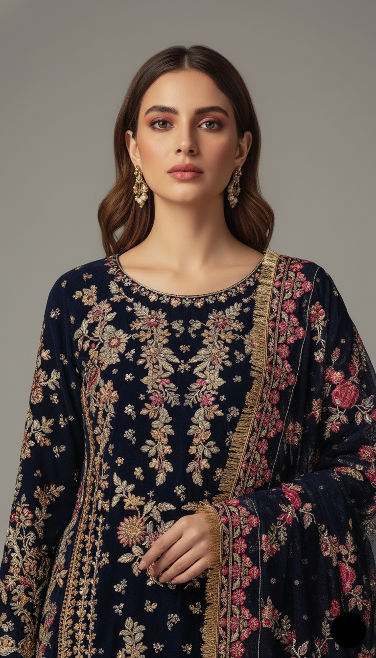 Chiffon A-Line shirt navy blue - Pakistani women's elegant formal wear with viscose trouser and chiffon dupatta front view