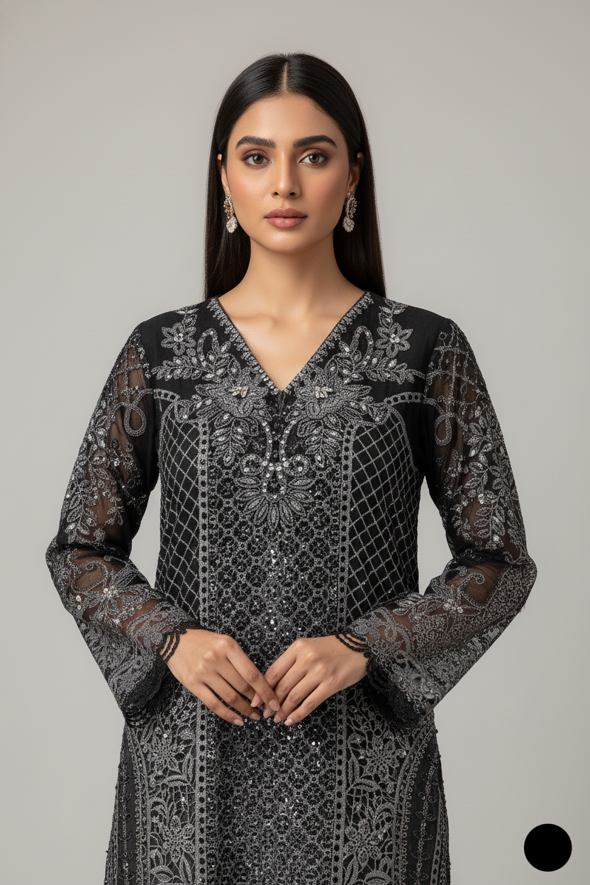 ABL 4074 Chiffon A-Line Pakistani women's dress with chiffon dupatta side view