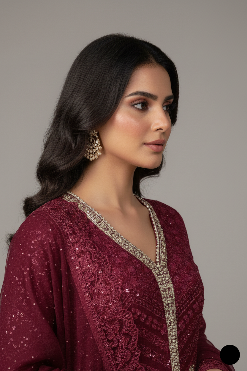 Pakistani women's maroon organza straight shirt detail view