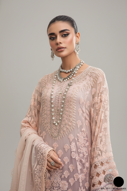 ABL 3813 chiffon Pakistani women's straight shirt with grip trouser side view