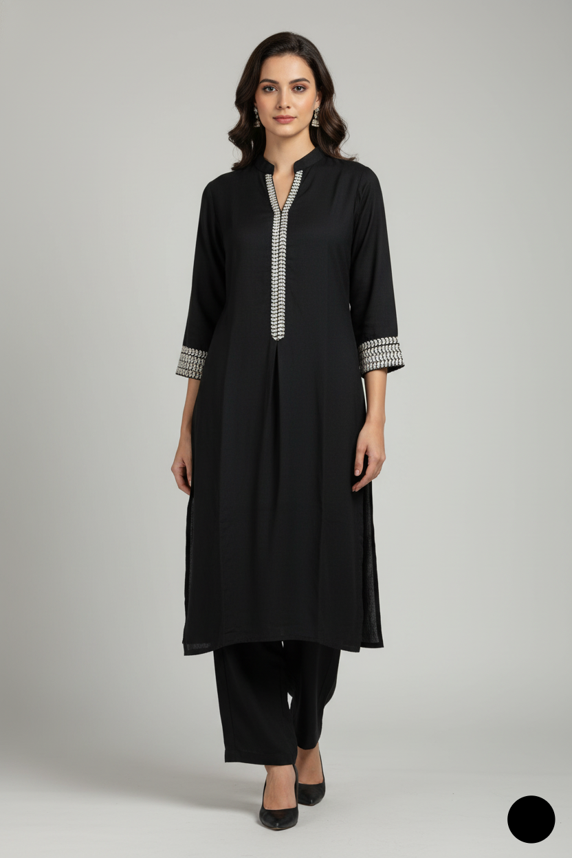 Lawn A-Line shirt black - Pakistani women's casual summer outfit with cotton trouser and lawn dupatta front view