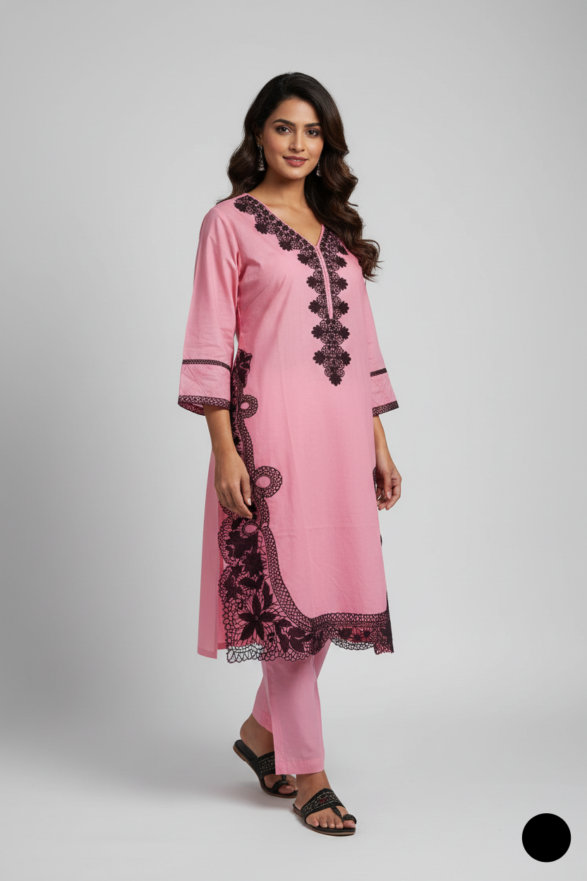 Lawn A-Line shirt pink - Pakistani women's casual summer outfit with cotton trouser and lawn dupatta front view