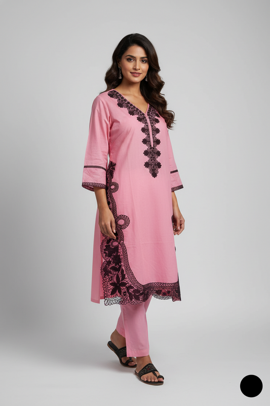 Lawn A-Line shirt pink - Pakistani women's casual summer outfit with cotton trouser and lawn dupatta front view