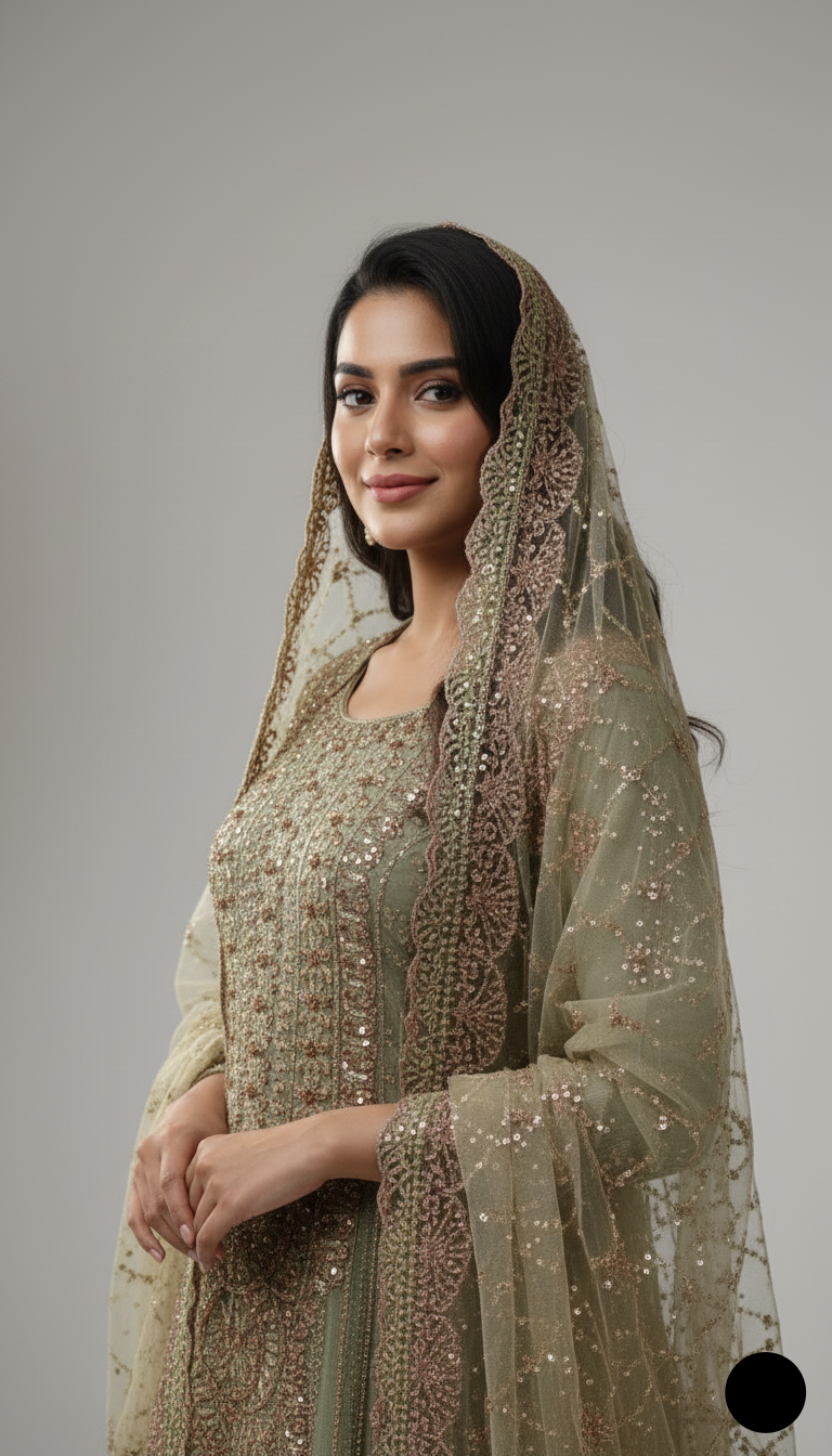 Pakistani women's pista green chiffon straight shirt detail view