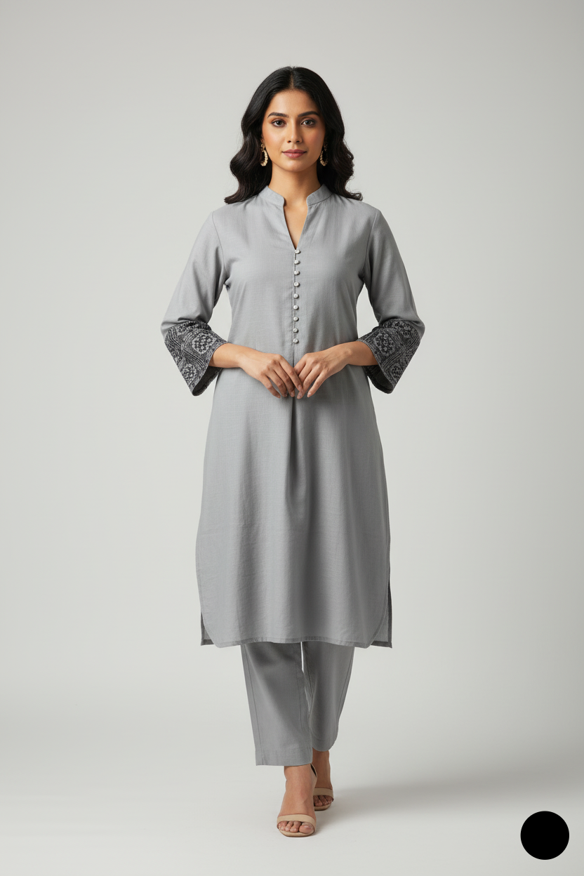 Lawn A-Line shirt grey - Pakistani women's casual summer outfit with cotton trouser and lawn dupatta front view