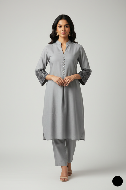 Lawn A-Line shirt grey - Pakistani women's casual summer outfit with cotton trouser and lawn dupatta front view