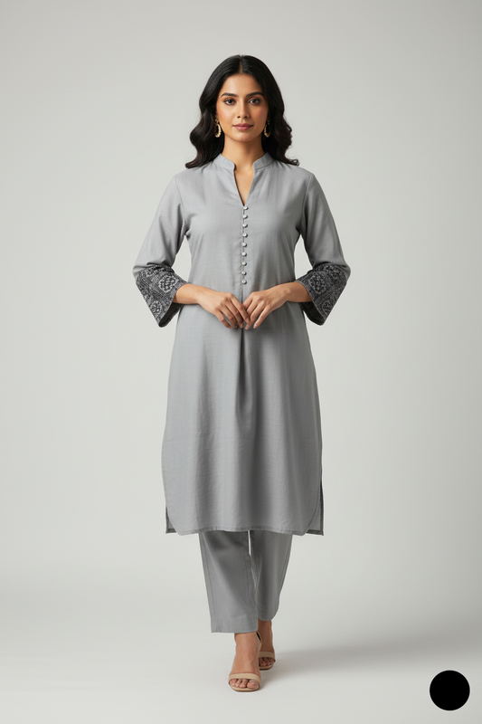 Lawn A-Line shirt grey - Pakistani women's casual summer outfit with cotton trouser and lawn dupatta front view
