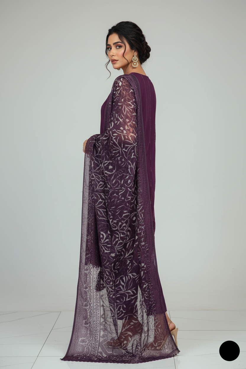 Pakistani women's purple chiffon straight shirt plazo detail view