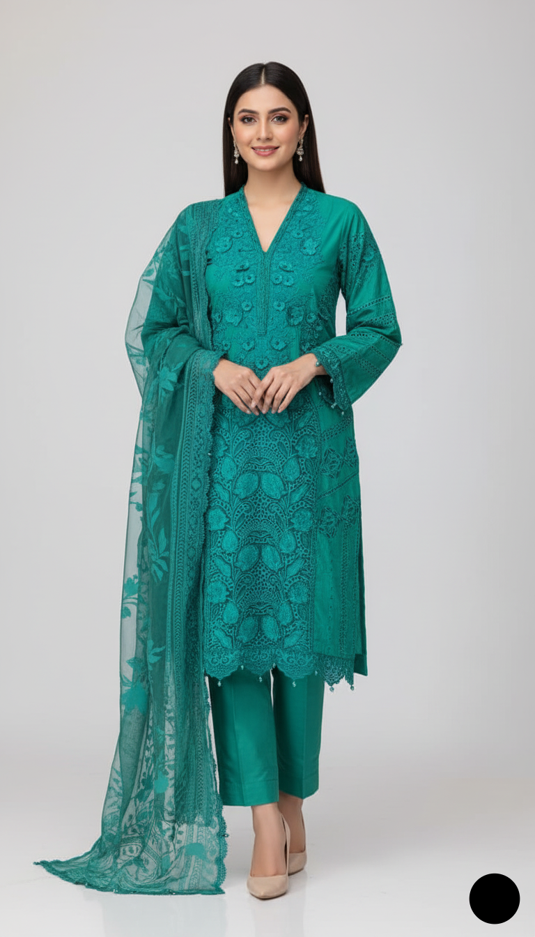 Organza A-Line shirt green - Pakistani women's elegant formal wear with viscose trouser and organza dupatta front view