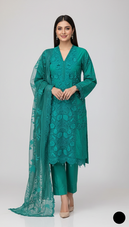 Organza A-Line shirt green - Pakistani women's elegant formal wear with viscose trouser and organza dupatta front view
