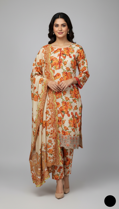 Lawn A-Line printed shirt - Pakistani women's casual summer outfit with cotton trouser and lawn dupatta front view