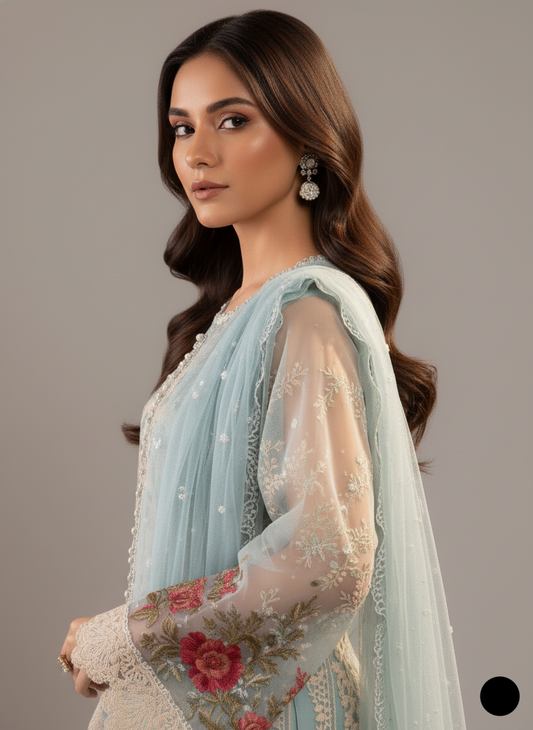 ABL 4030 Organza A-Line Pakistani women's dress with viscose trouser side view