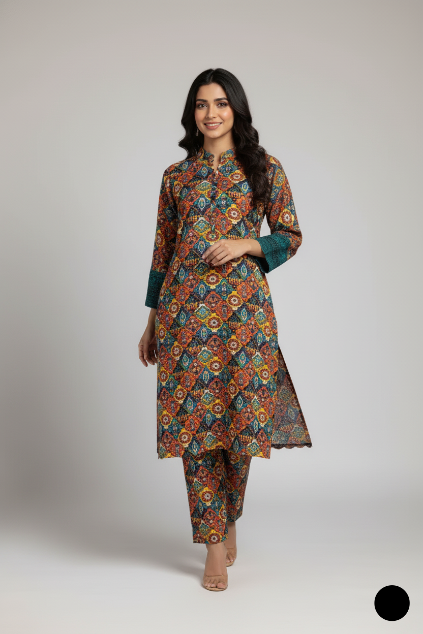 Pakistani women's lawn A-Line printed casual outfit detail view