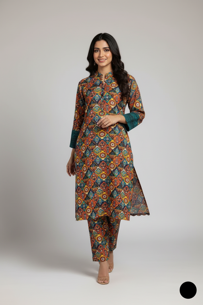 Pakistani women's lawn A-Line printed casual outfit detail view