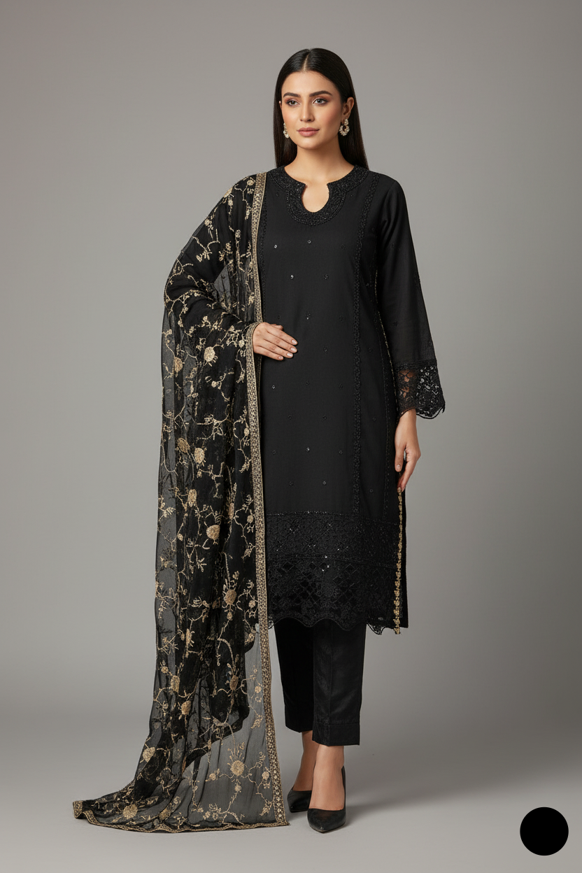 Chiffon A-Line shirt PNW 6342 - Pakistani women's elegant outfit with grip trouser and chiffon dupatta front view
