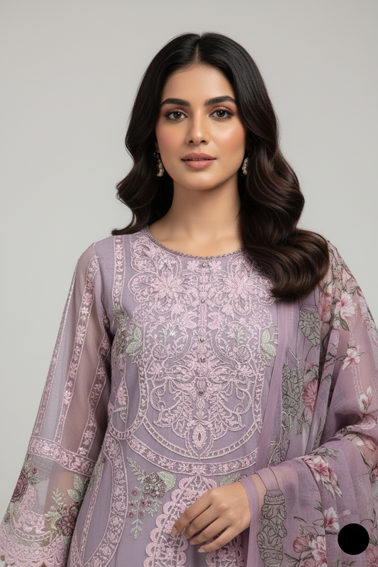 Lilac chiffon Pakistani women's straight shirt with plazo side view