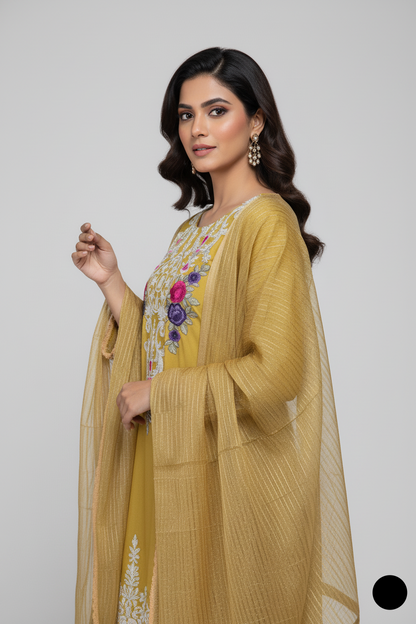 Pakistani women's yellow lawn A-Line casual shirt detail view