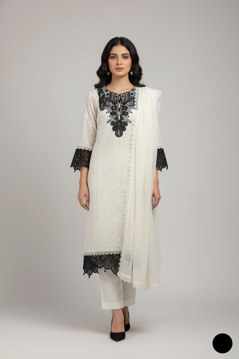 Chiffon straight shirt plazo off white - Pakistani women's party wear with viscose plazo and chiffon dupatta front view