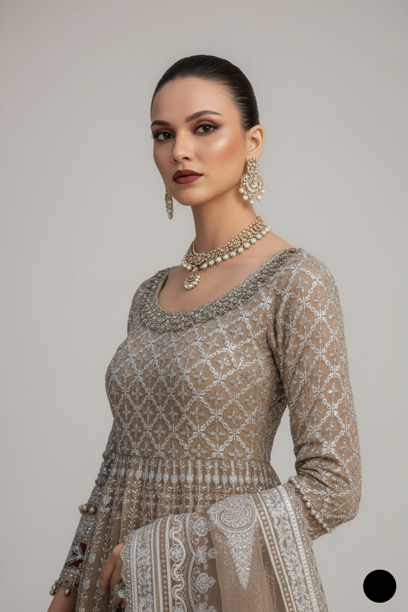 ABL 4120 SKN Pakistani women's Net long frock with organza dupatta back view