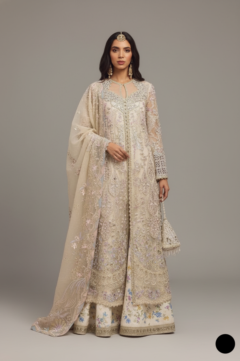 Organza straight shirt off white - Pakistani women's elegant formal wear with viscose trouser and organza dupatta front view