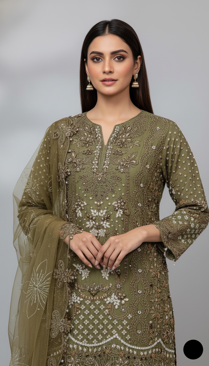 Mehndi green chiffon Pakistani women's A-Line shirt side view