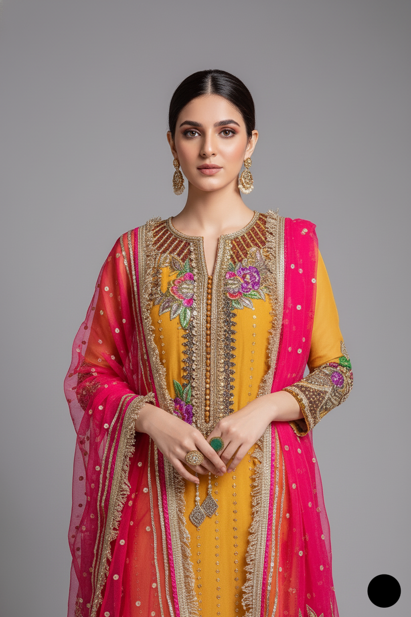 KB P232 crinkle chiffon Pakistani women's embroidered formal outfit side view