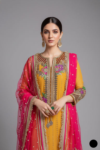 KB P232 crinkle chiffon Pakistani women's embroidered formal outfit side view