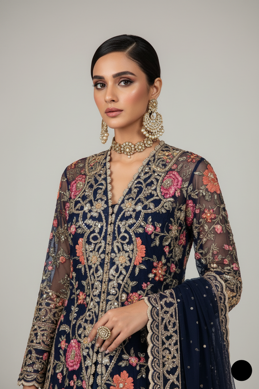 ABL 3988 organza Pakistani women's shirt with viscose lehenga side view