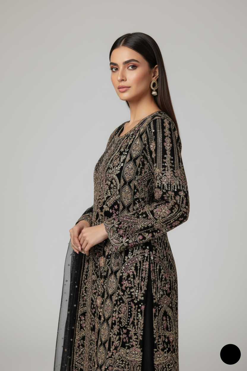 Pakistani women's black organza straight shirt detail view
