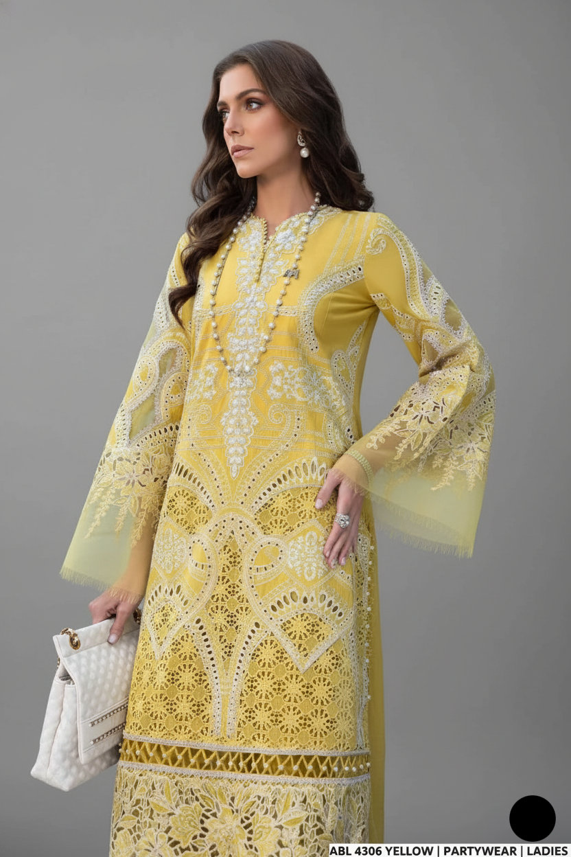 Pakistani women's yellow organza A-Line shirt detail view