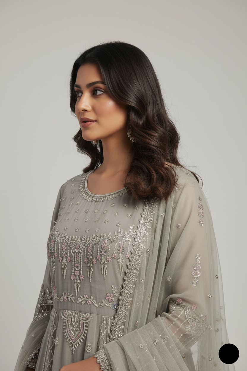 ABS SPO153 Pakistani women's chiffon tail frock detail view